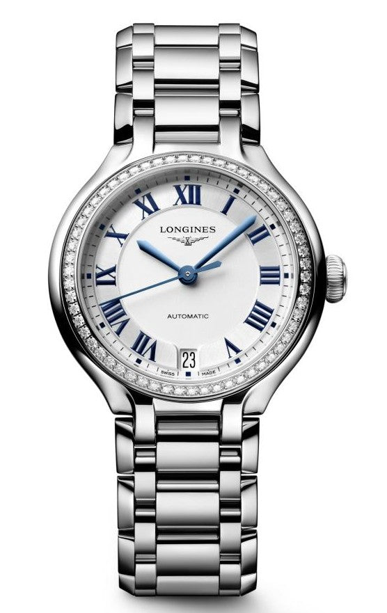 Longines Primaluna Steel 34mm Silver Dial Diamond Bezel Watch L8.124.0.71.6