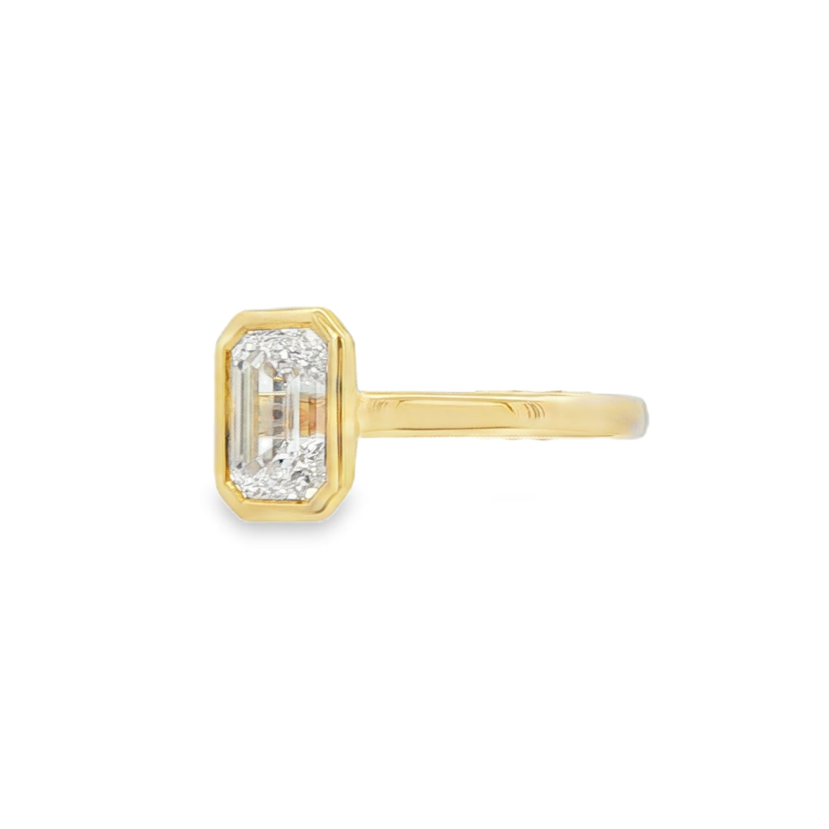 Emerald Cut 1.52ct Rub Over Lab Grown Diamond, 18ct Yellow Gold Ring
