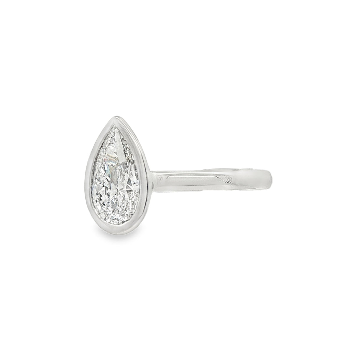 Pear Cut 1.51ct Rub Over Lab Grown Diamond, Platinum Ring