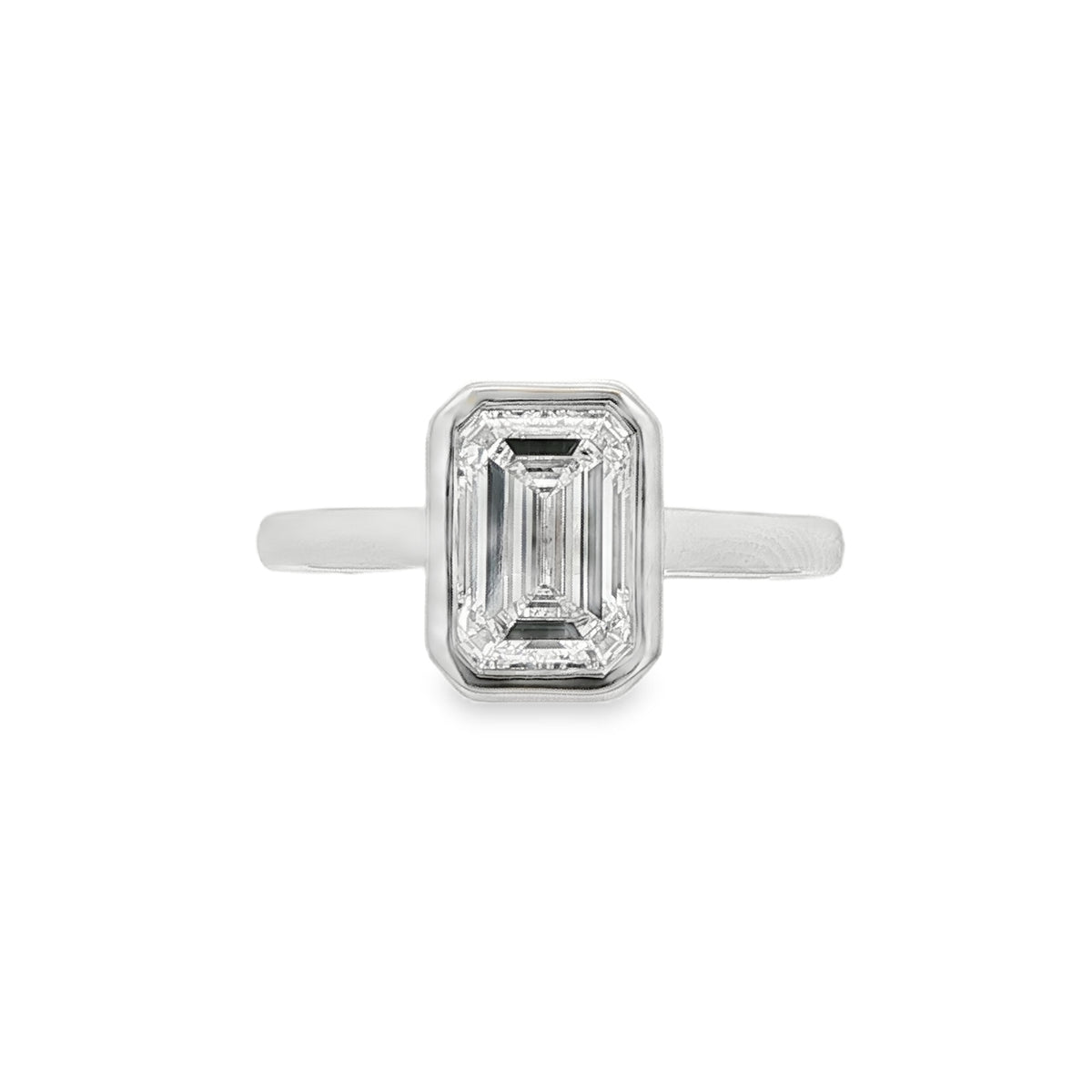 Emerald Cut 1.57ct Rub Over Lab Grown Diamond, Platinum Ring