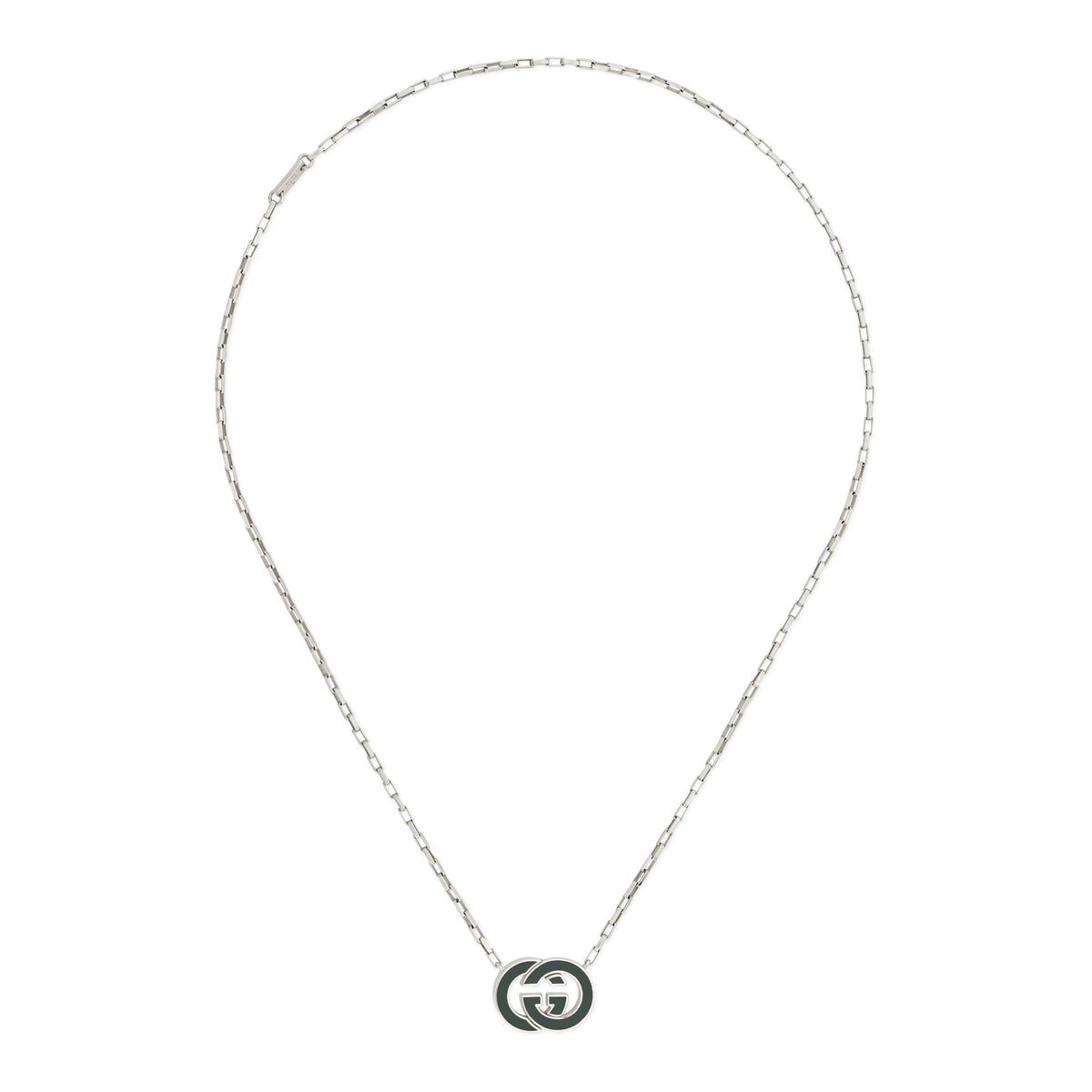 Gucci Interlocking Sterling Silver Green Enamel Pendant Necklace 45cm