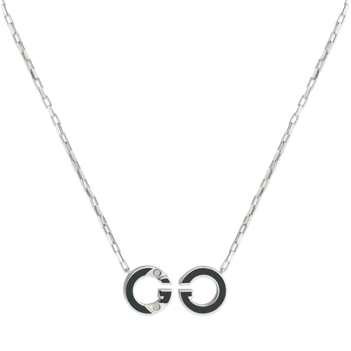 Gucci Interlocking Sterling Silver Green Enamel Pendant Necklace 45cm