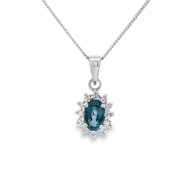 Aquamarine & Diamond Oval Cluster, 18ct White Gold Pendant