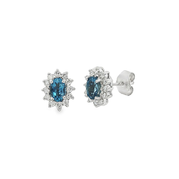 Aquamarine & Diamond Oval Cluster, 18ct White Gold Earrings