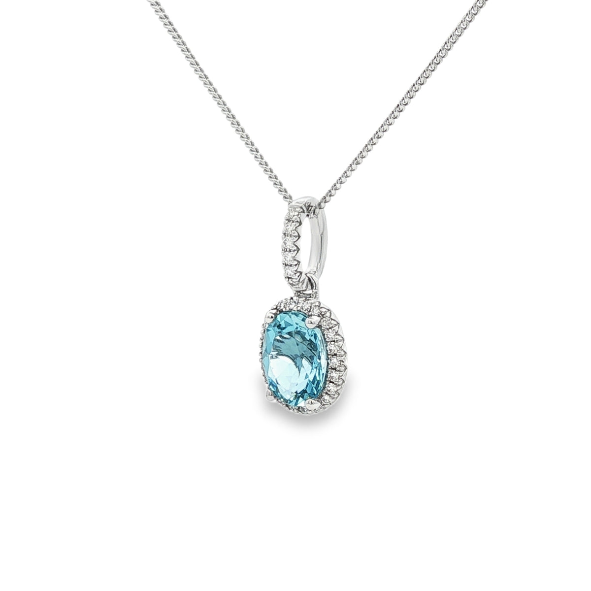 Aquamarine & Diamond Oval Cluster, 18ct White Gold Pendant