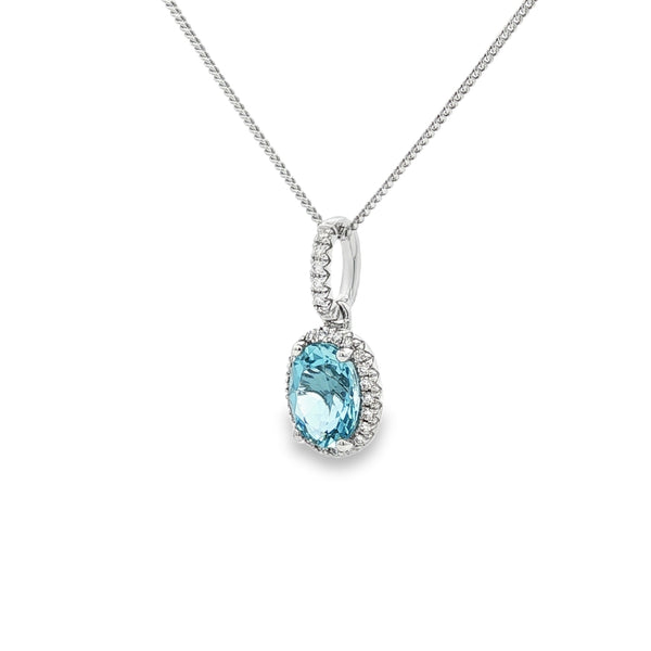 Aquamarine & Diamond Oval Cluster, 18ct White Gold Pendant