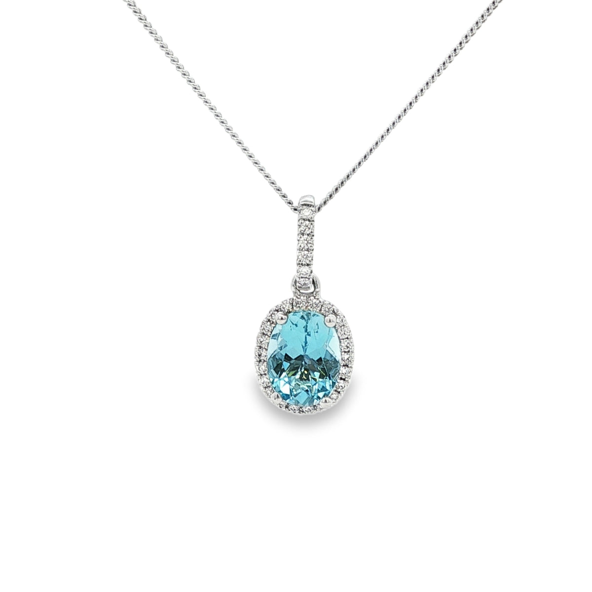Aquamarine & Diamond Oval Cluster, 18ct White Gold Pendant
