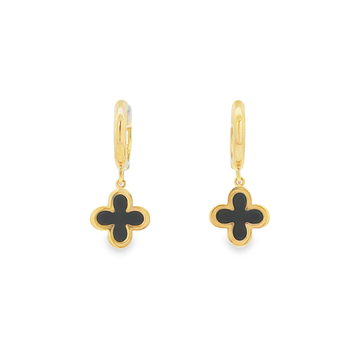 Onyx Clover Drop, 9ct Yellow Gold Hoop Earrings