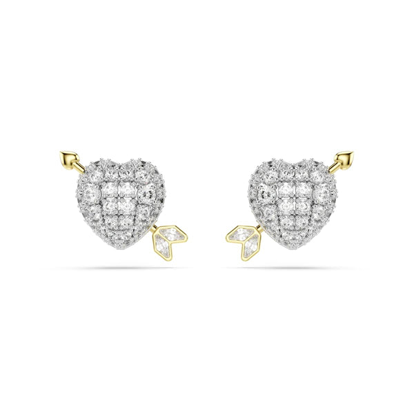 Swarovski Idyllia stud earrings, Mixed cuts, Heart with arrow, White, Mixed metal finish