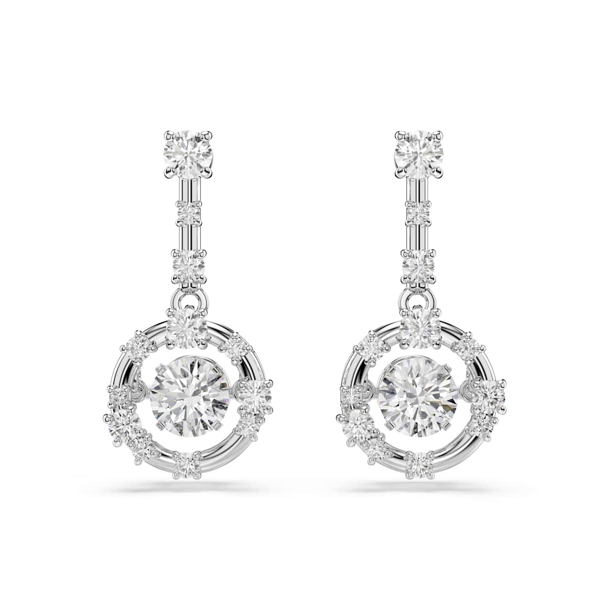 Swarovski Constella drop earrings, Round cut, Dancing stone, White, Rhodium plated