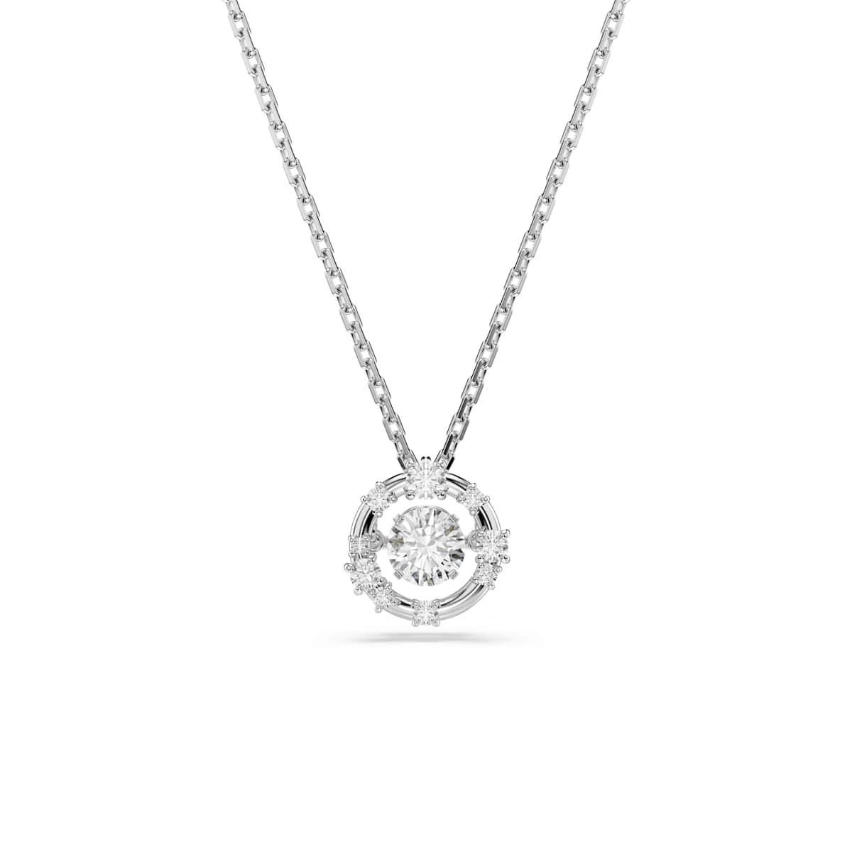Swarovski Constella pendant, Round cut, Dancing stone, White, Rhodium plated