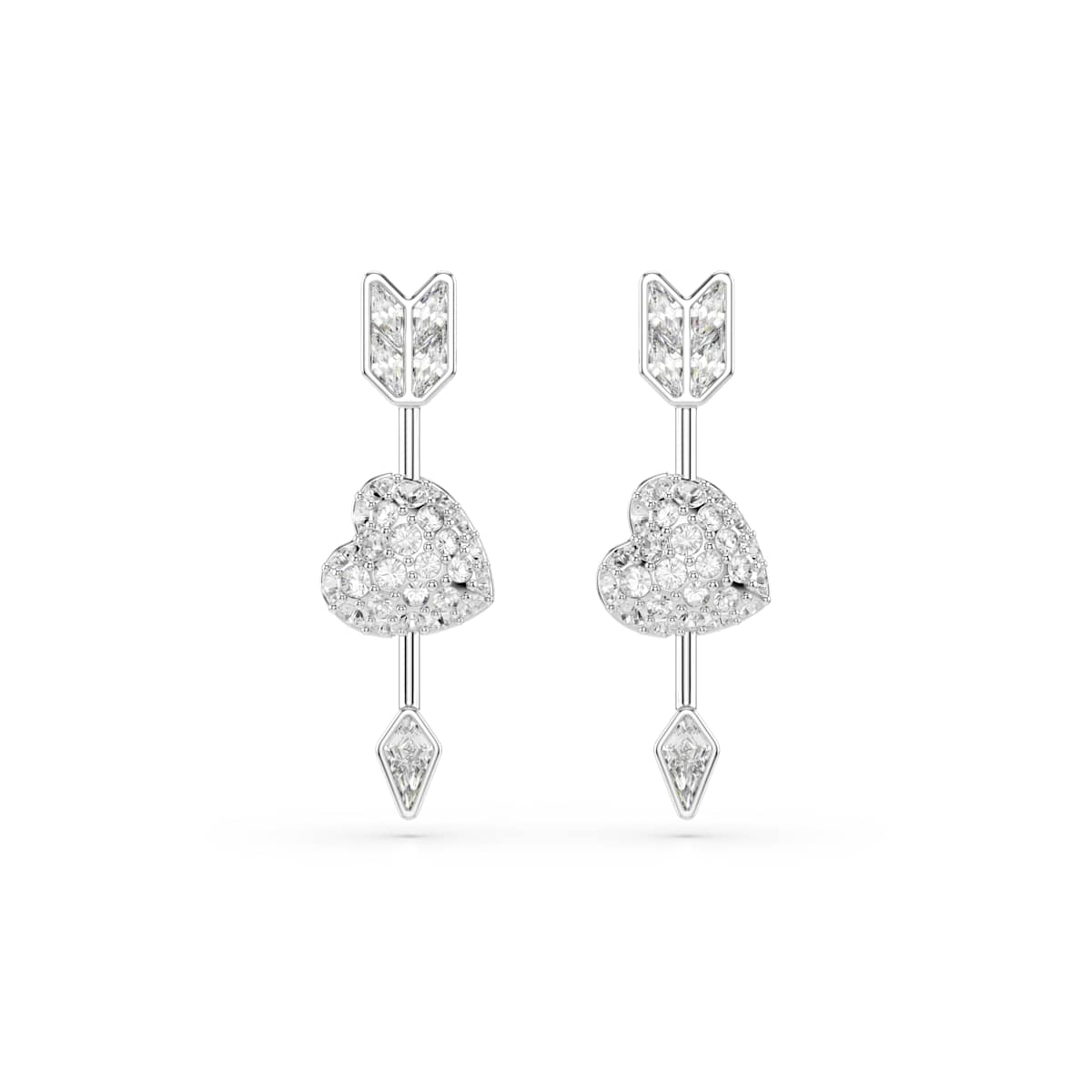 Swarovski Idyllia drop earrings, Mixed cuts, Heart with arrow, White, Rhodium plated