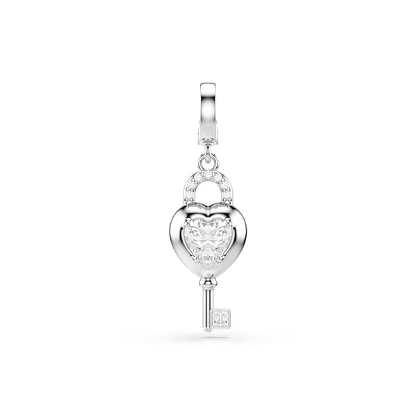 Swarovski Idyllia charm, Mixed cuts, Heart with key, White, Rhodium plated