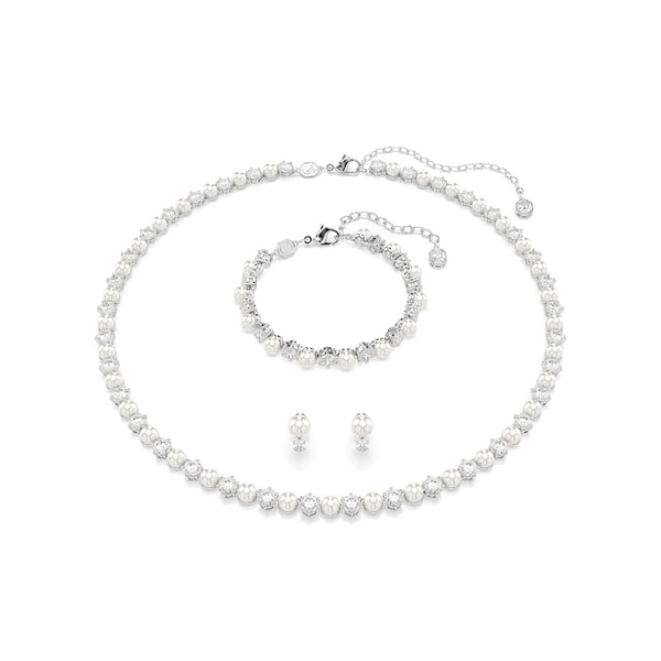Swarovski Matrix set, Crystal pearl, Round cut, White, Rhodium plated