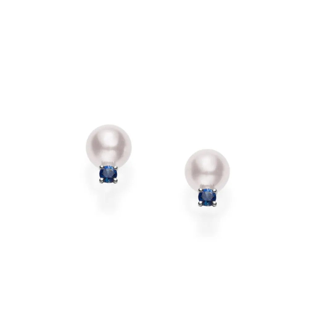 Mikimoto 18ct White Gold Akoya A+ Pearl & Sapphire Stud Earrings