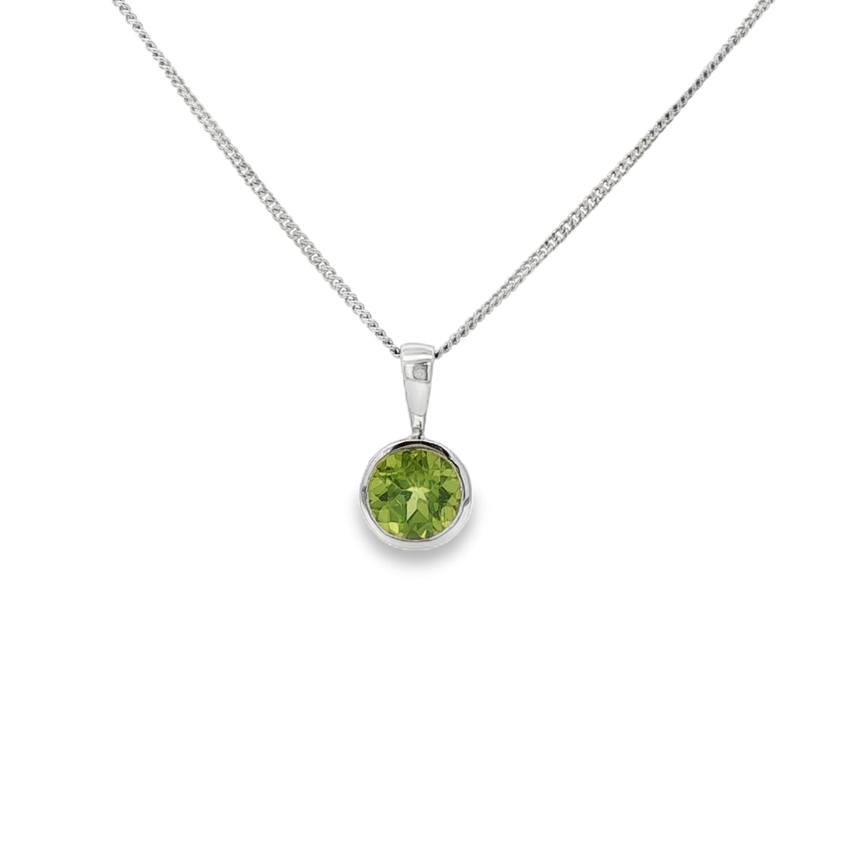 Peridot 6mm Round, Rubover 9ct White Gold Pendant