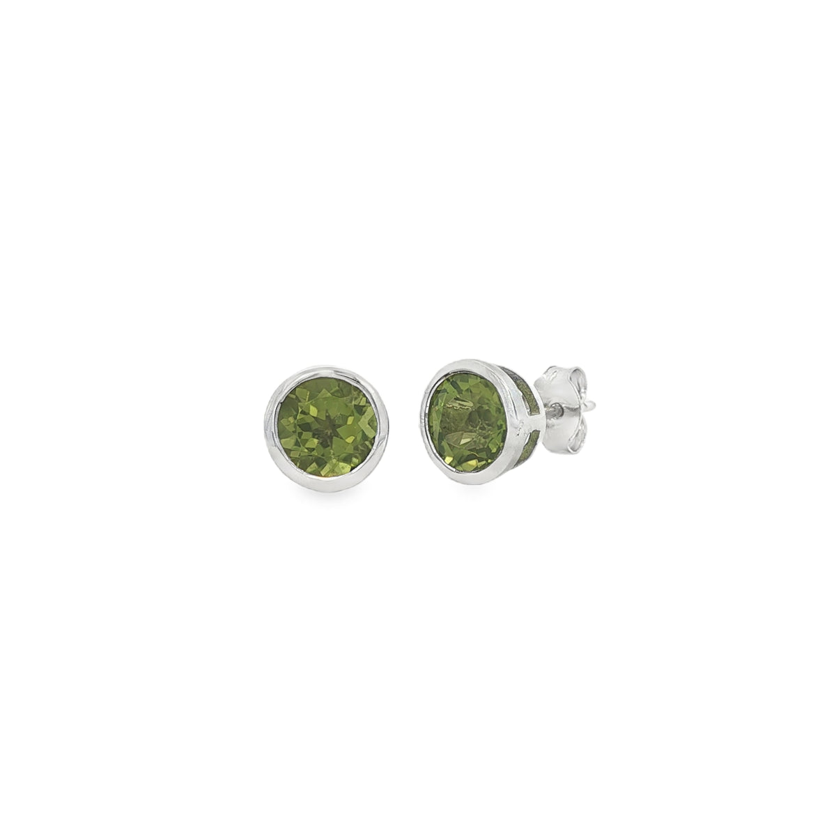 Peridot 6mm Round, Rubover 9ct White Gold Earrings