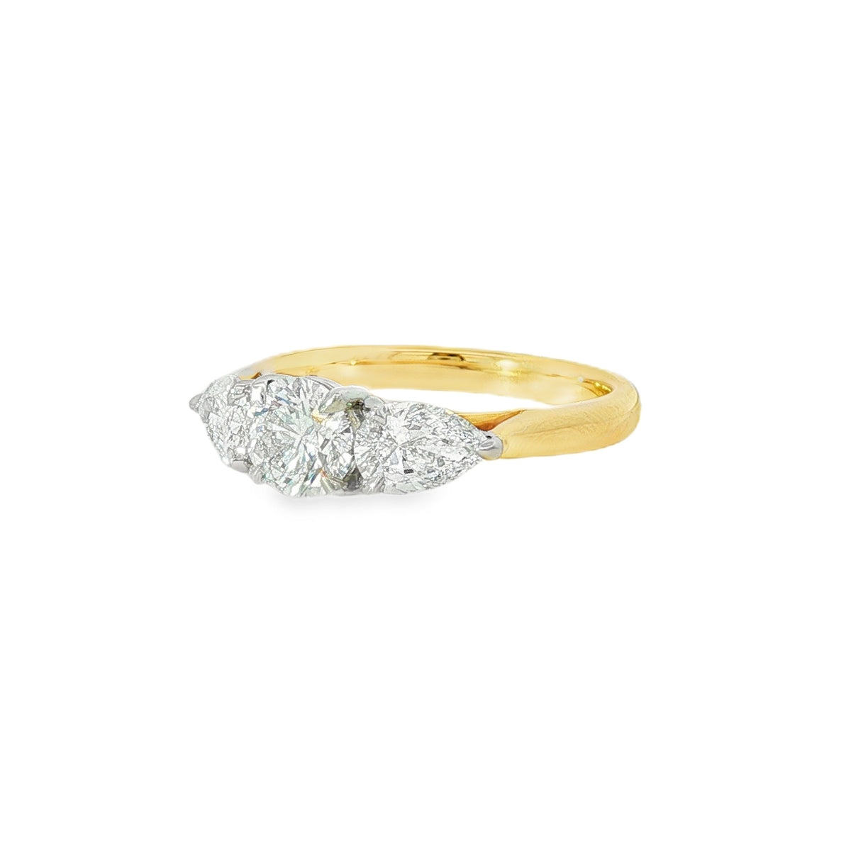 Round Brilliant & Pear Cut 1.61ct Trilogy, Lab Grown 18ct Yellow Gold & Platinum Ring