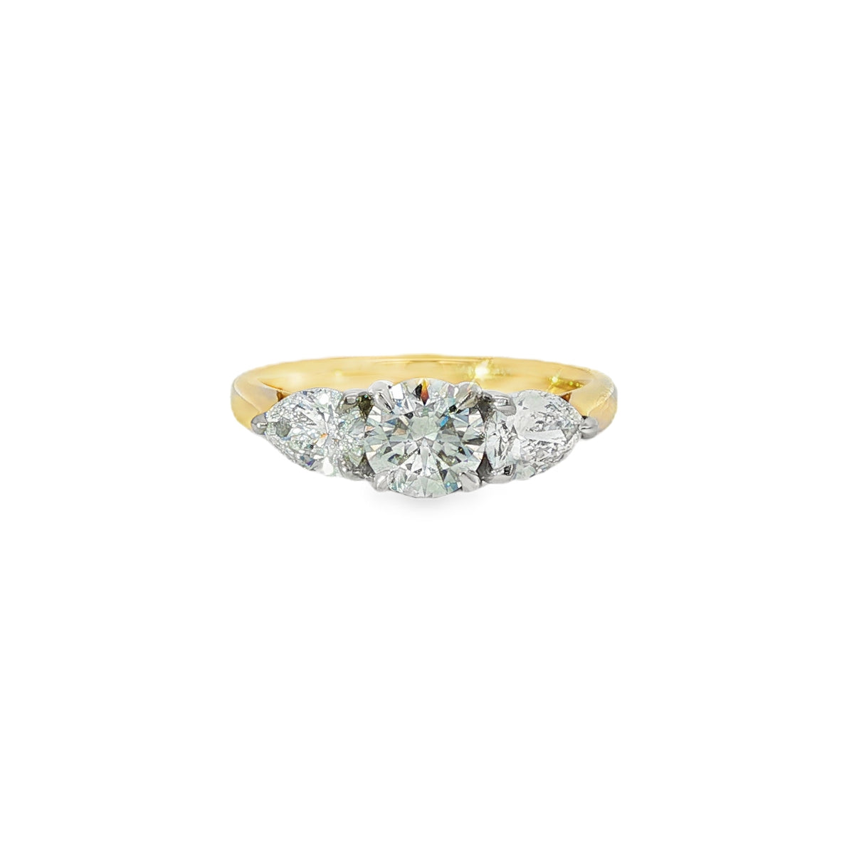 Round Brilliant & Pear Cut 1.61ct Trilogy, Lab Grown 18ct Yellow Gold & Platinum Ring