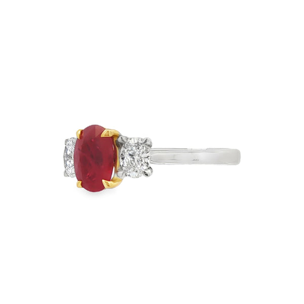 Ruby and Diamond 3 Stone, Platinum and 18ct Yellow Gold Ring