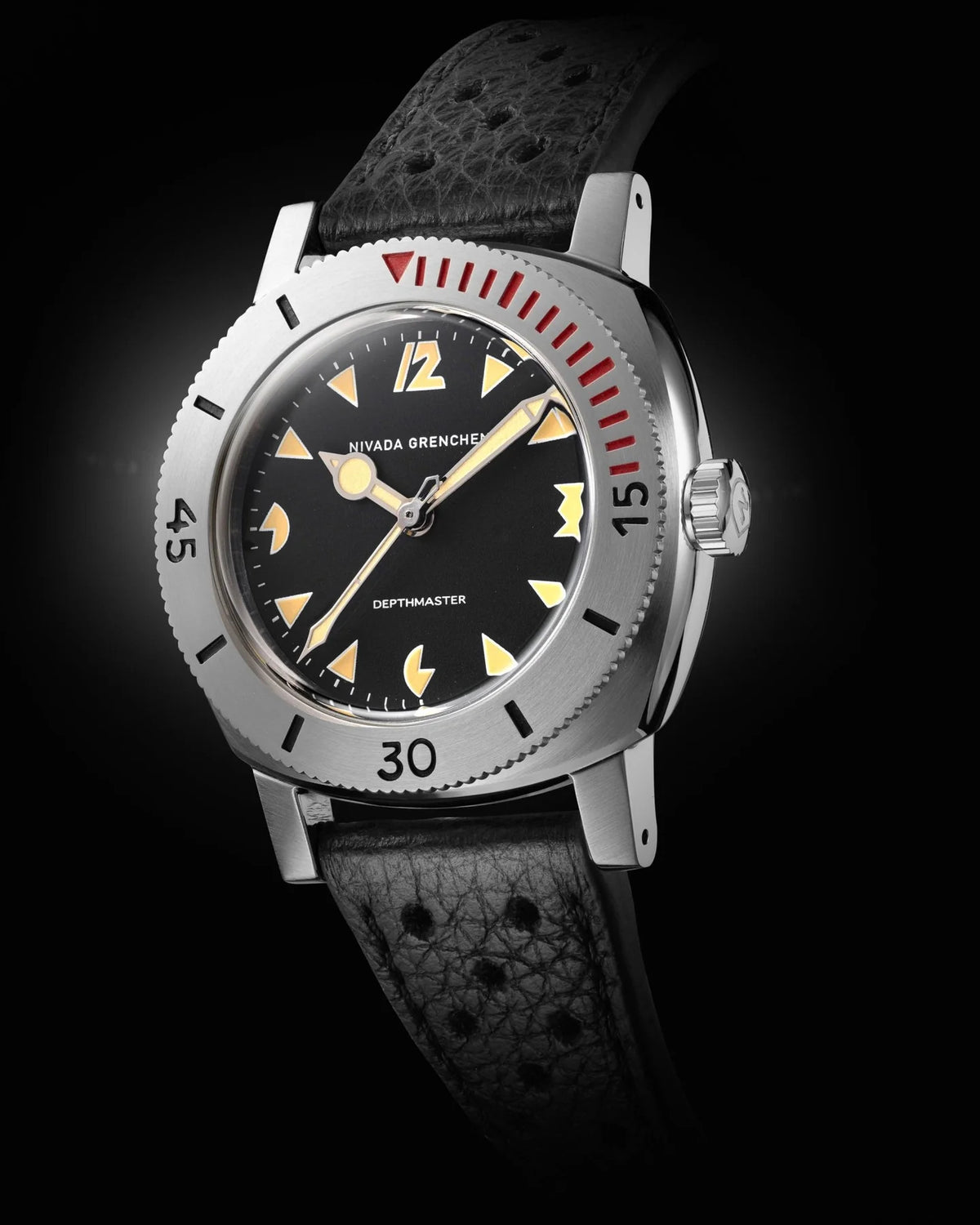 Nivada Grenchen Depthmaster Art Deco 39mm Black Racing Strap Watch 14105A10
