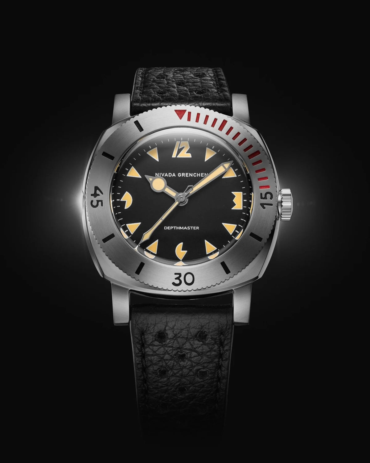 Nivada Grenchen Depthmaster Art Deco 39mm Black Racing Strap Watch 14105A10