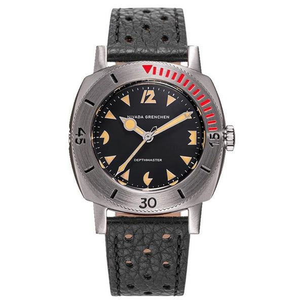 Nivada Grenchen Depthmaster Art Deco 39mm Black Racing Strap Watch 14105A10