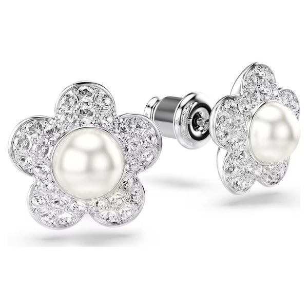 Swarovski Ariana Grande x Crystal pearl, Round cut, Flower, White, Rhodium plated earrings