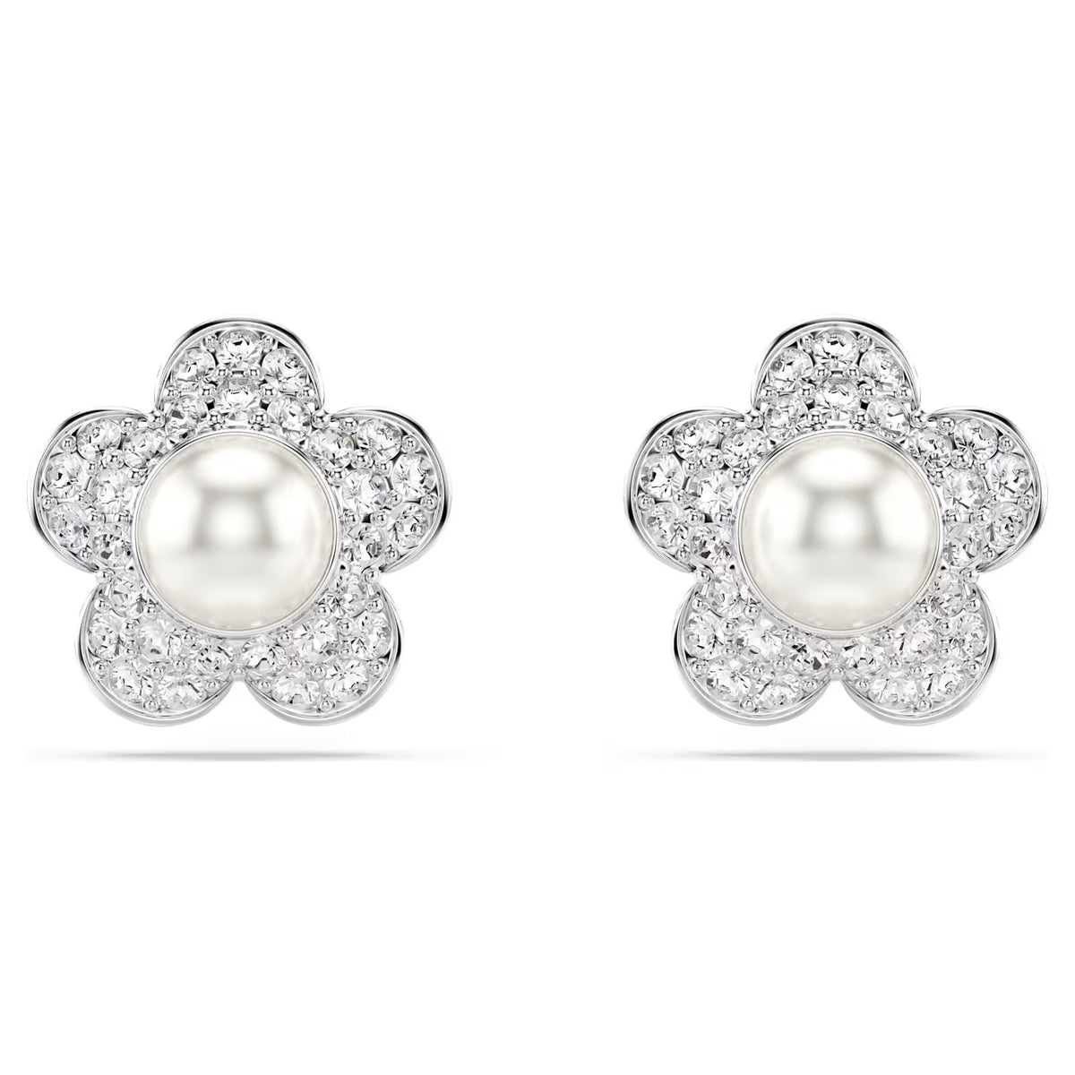 Swarovski Ariana Grande x Crystal pearl, Round cut, Flower, White, Rhodium plated earrings