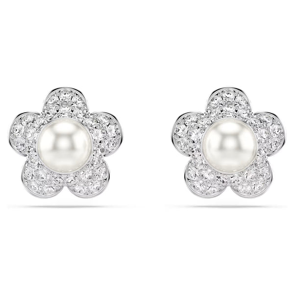 Swarovski Ariana Grande x Crystal pearl, Round cut, Flower, White, Rhodium plated earrings