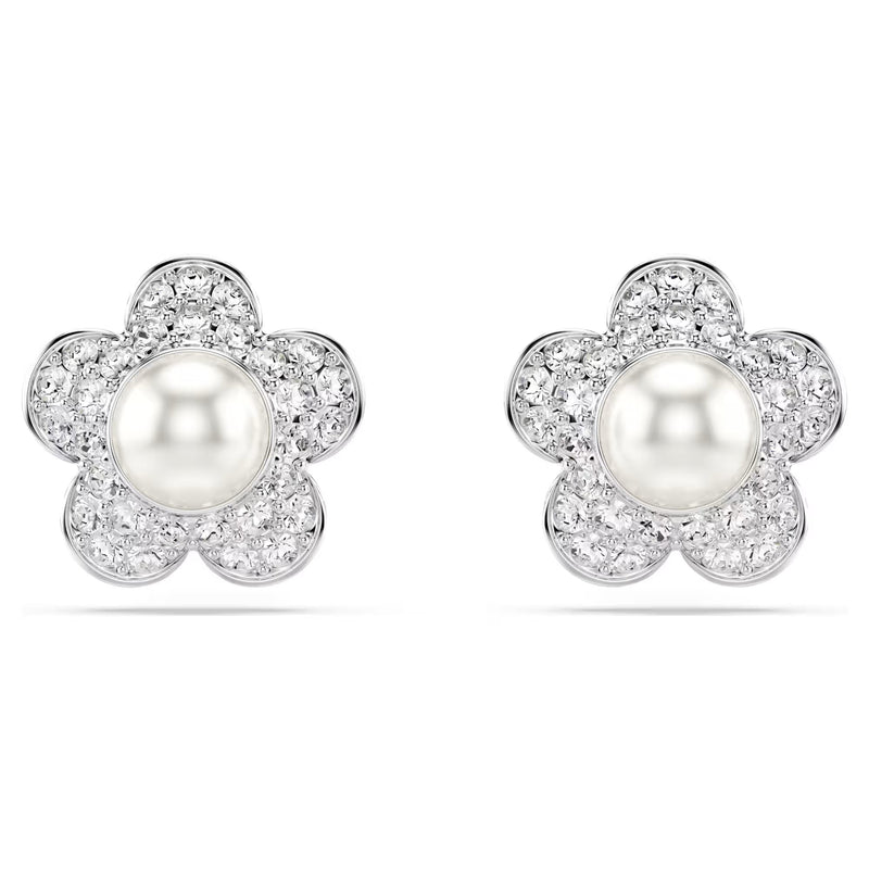 Swarovski Ariana Grande x Crystal pearl, Round cut, Flower, White, Rhodium plated earrings