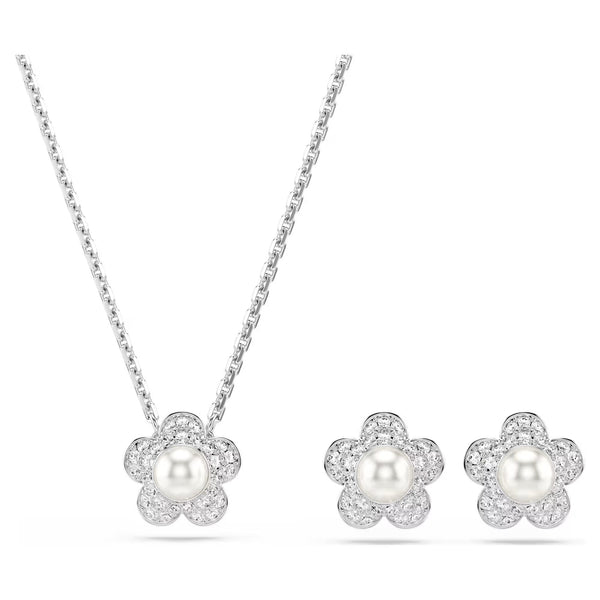 Swarovski Ariana Grande x Crystal pearl, Round cut, Flower, White, Rhodium plated set
