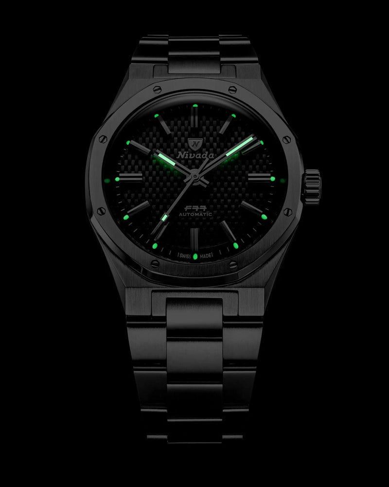 Nivada Grenchen F77 Black MK2 Date White Lume 38mm Watch 69011A77