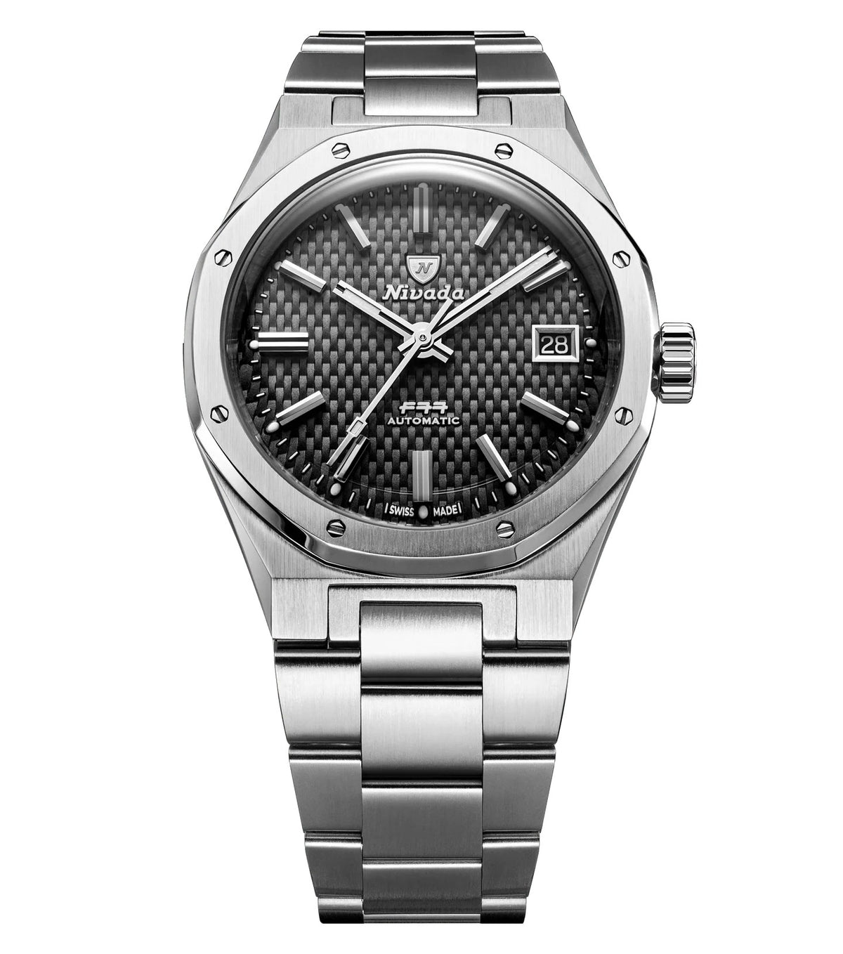 Nivada Grenchen F77 Black MK2 Date White Lume 38mm Watch 69011A77