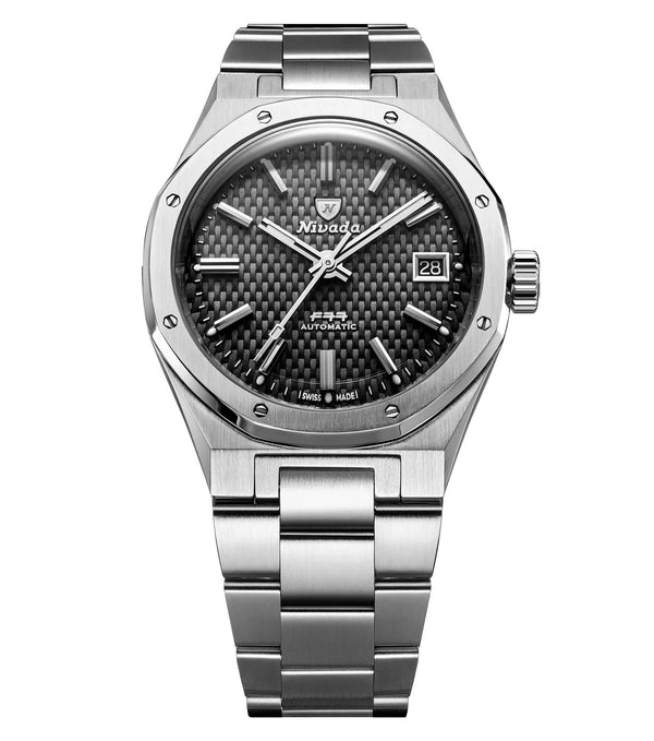 Nivada Grenchen F77 Black MK2 Date White Lume 38mm Watch 69011A77