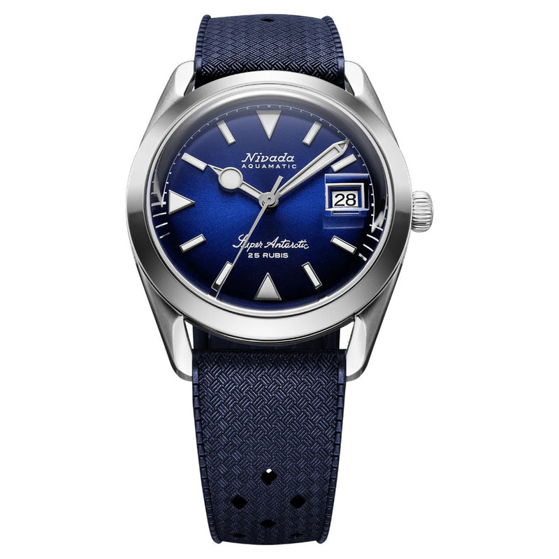Nivada Grenchen Super Antarctic Blue 38mm Date Blue Rubber Tropic Watch 32076A24