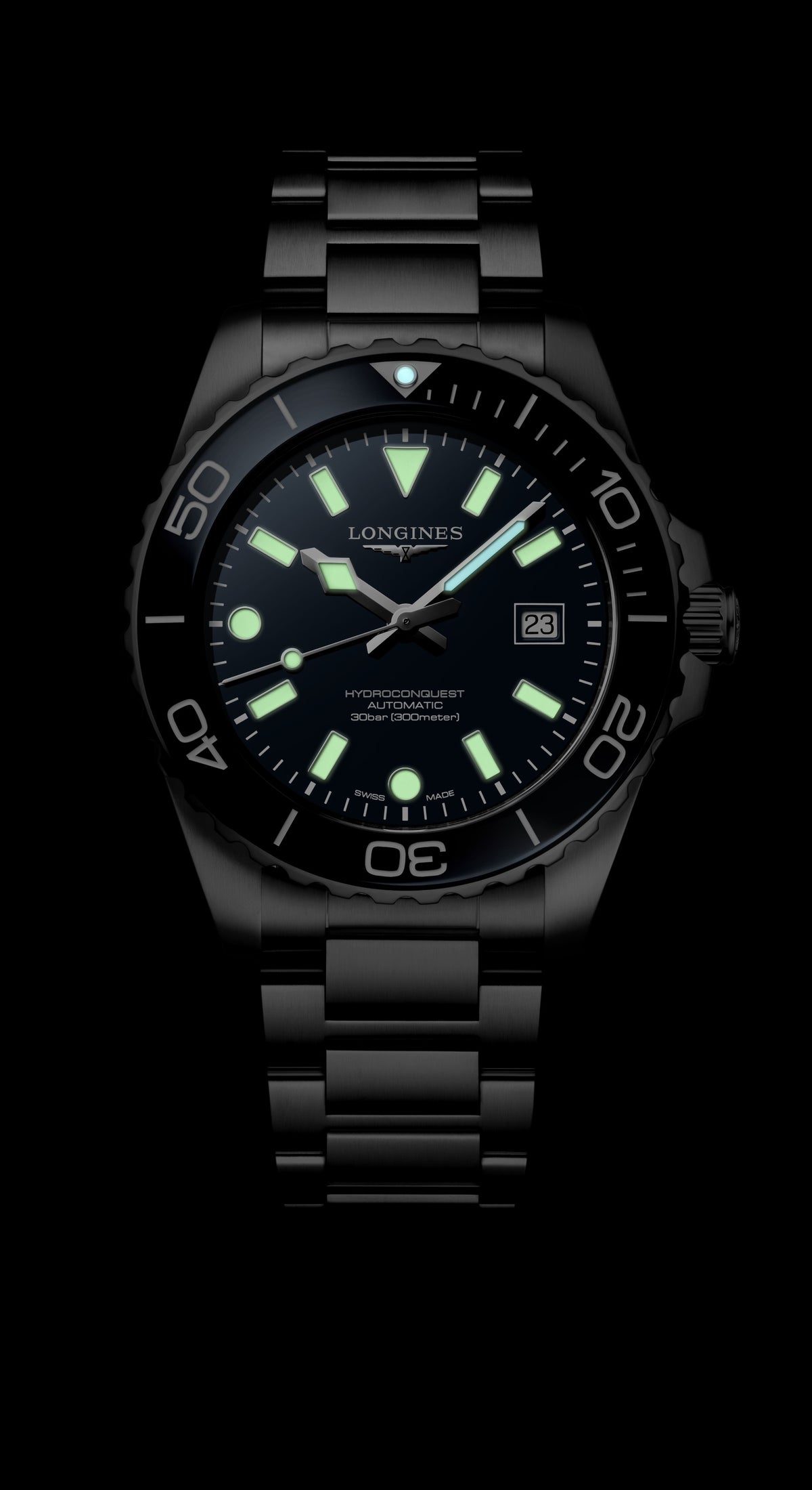 Longines HydroConquest Black 39mm Steel Bracelet Watch L3.779.4.56.6