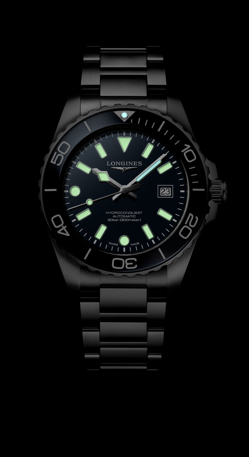 Longines HydroConquest Black 39mm Steel Bracelet Watch L3.779.4.56.6