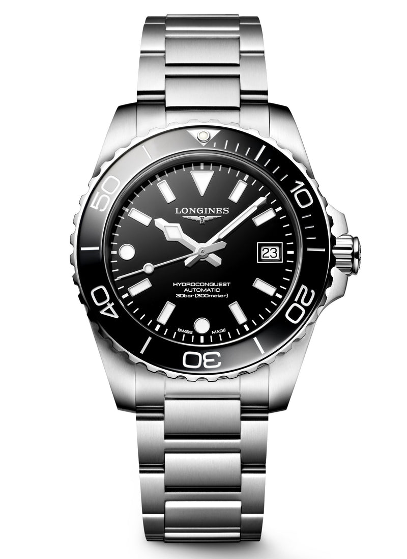 Longines HydroConquest Black 39mm Steel Bracelet Watch L3.779.4.56.6