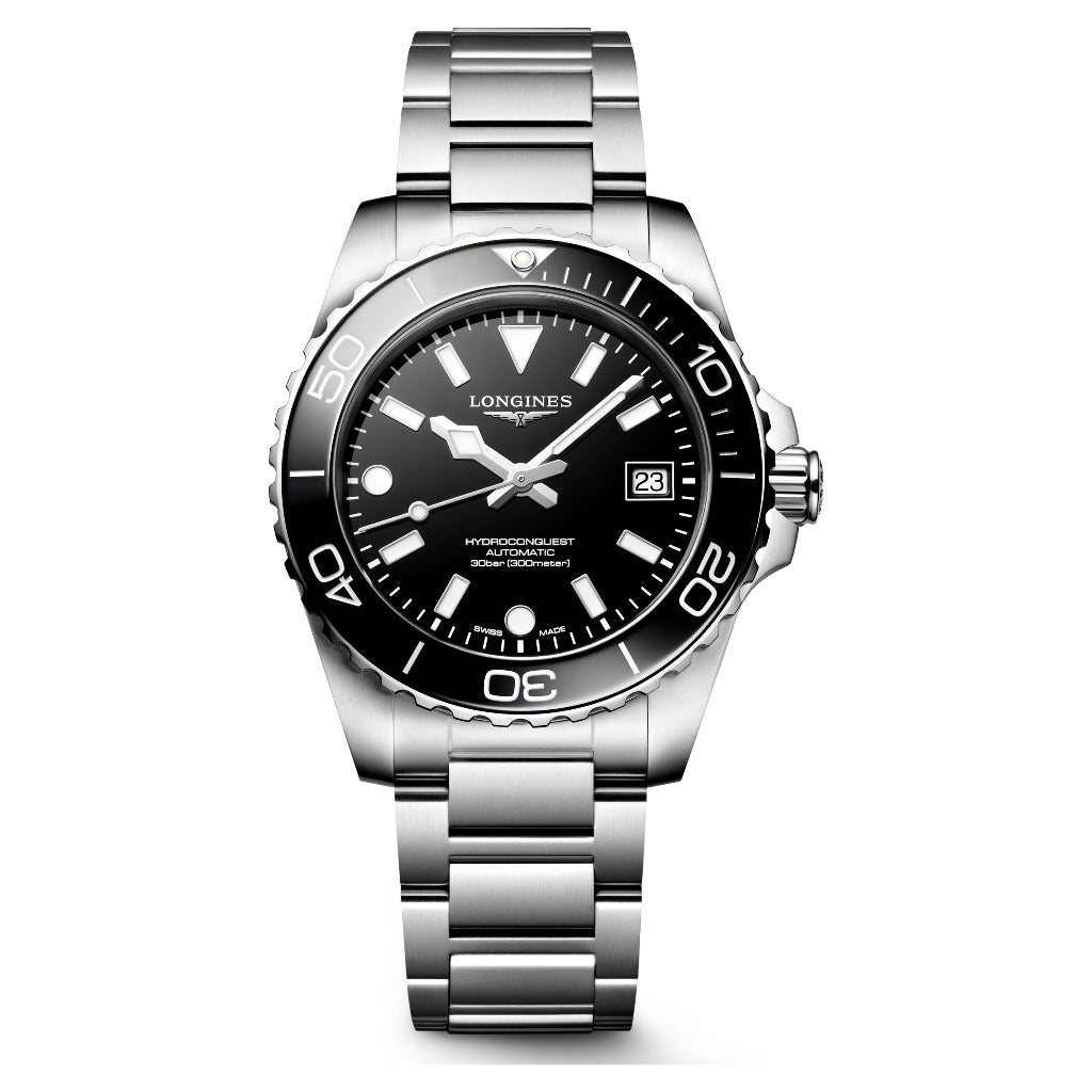 Longines HydroConquest Black 39mm Steel Bracelet Watch L3.779.4.56.6