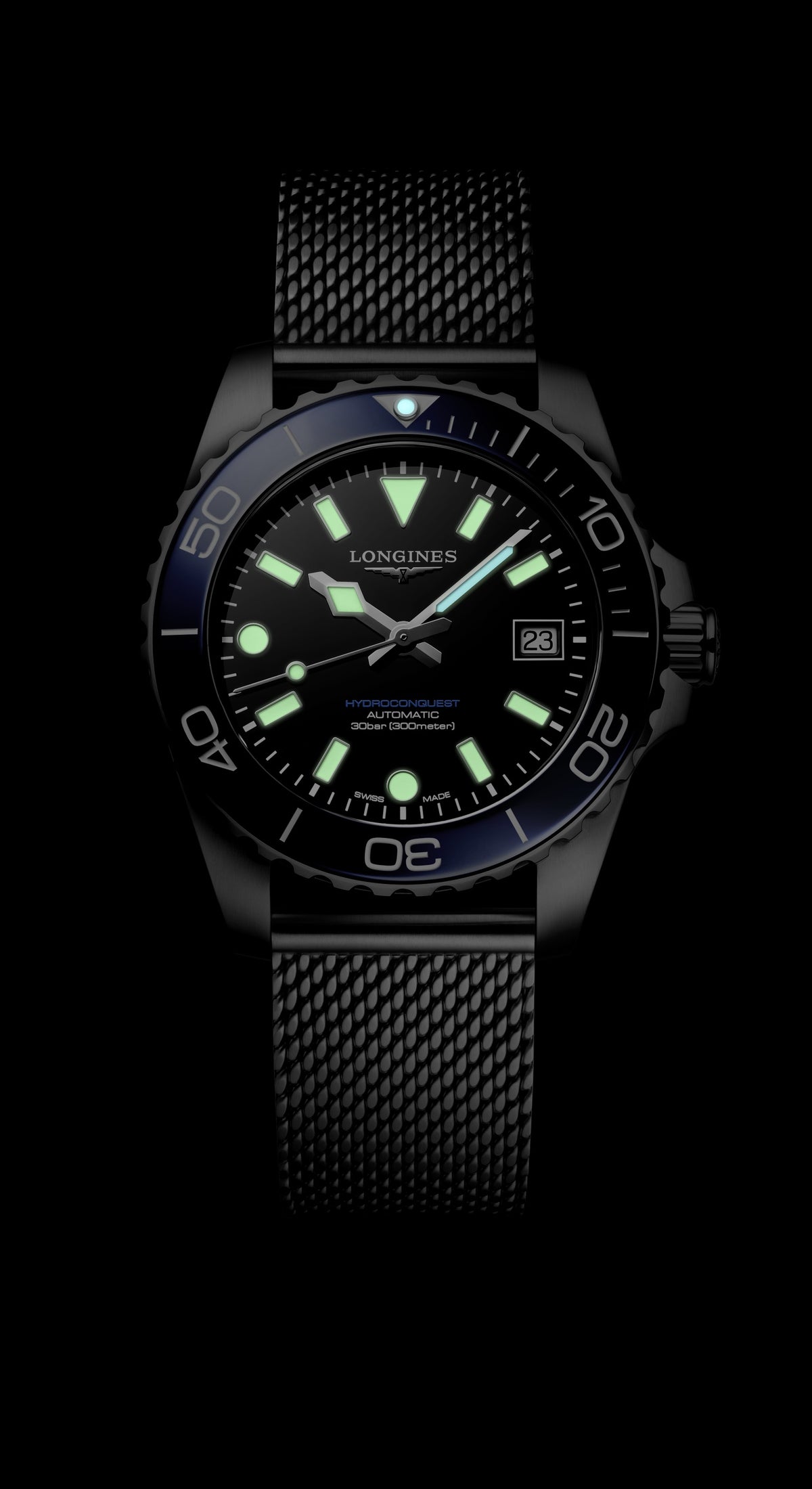 Longines HydroConquest Blue & Black 39mm Steel Mesh Bracelet Watch L3.779.4.90.6