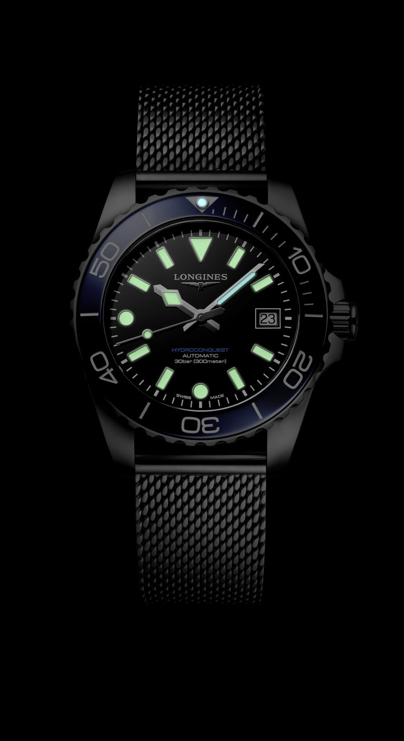 Longines HydroConquest Blue & Black 39mm Steel Mesh Bracelet Watch L3.779.4.90.6