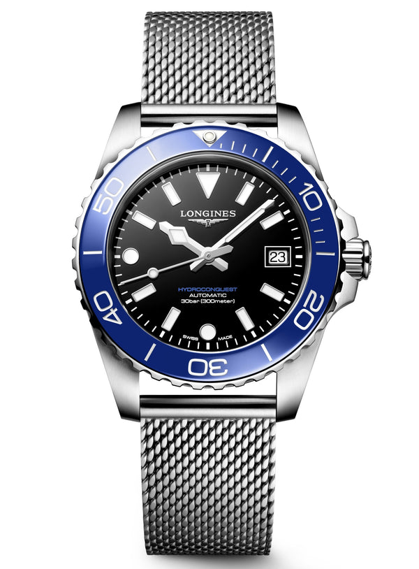 Longines HydroConquest Blue & Black 39mm Steel Mesh Bracelet Watch L3.779.4.90.6