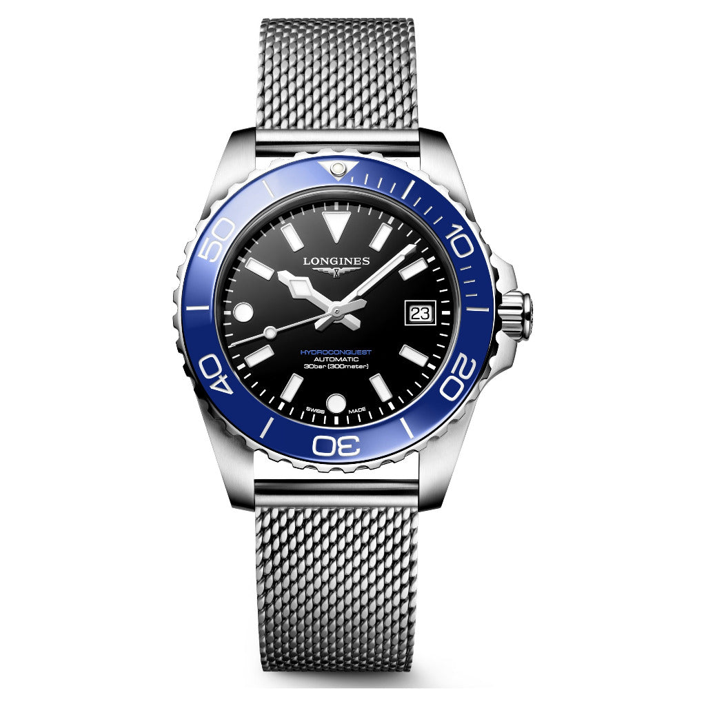 Longines HydroConquest Blue & Black 39mm Steel Mesh Bracelet Watch L3.779.4.90.6