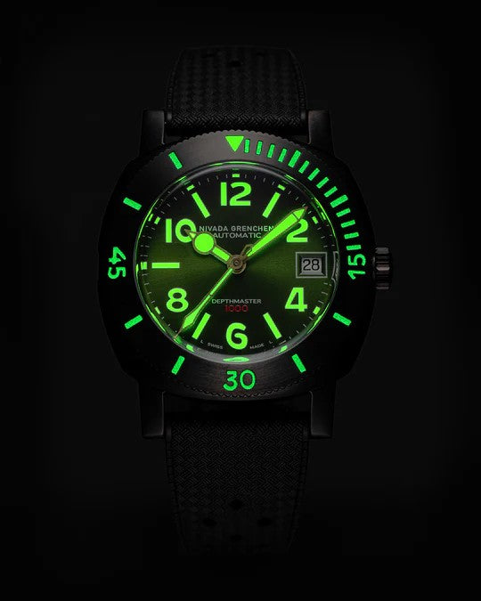 Nivada Grenchen Depthmaster Numerals, Black & Green, Rubber Tropic Strap 39mm Watch 14135A01