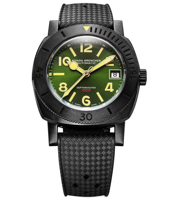 Nivada Grenchen Depthmaster Numerals, Black & Green, Rubber Tropic Strap 39mm Watch 14135A01