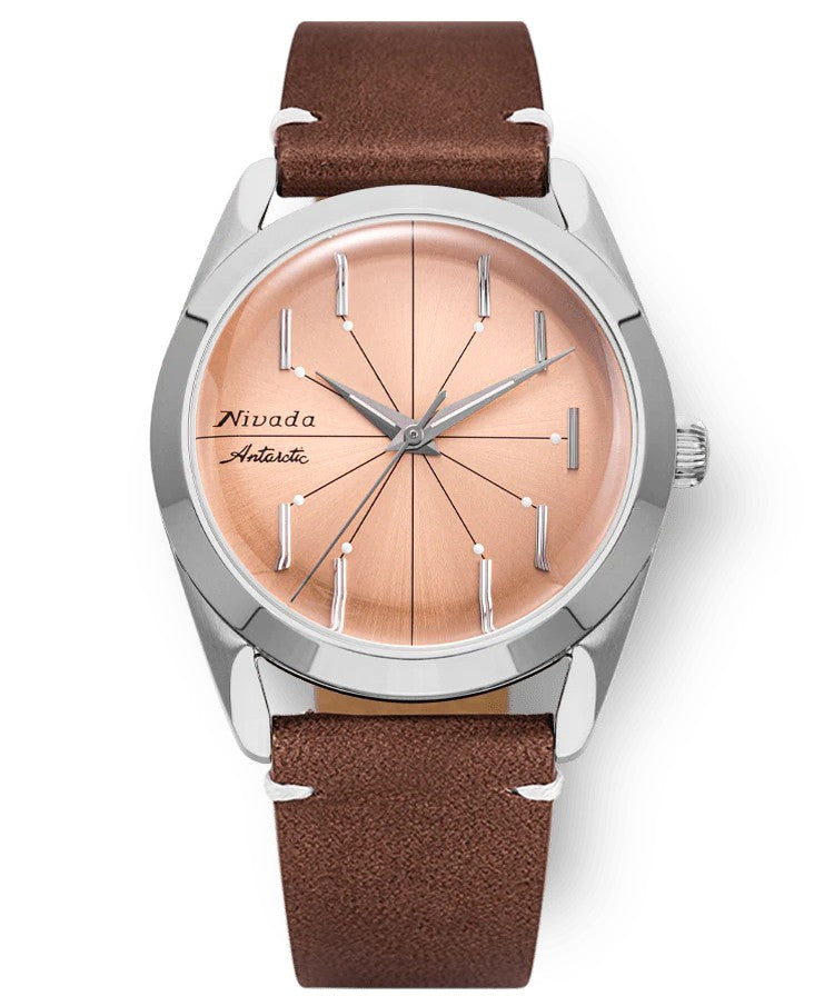 Nivada Grenchen Antarctic Spider Salmon 38mm, Brown Leather Strap Watch 32050A14