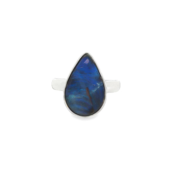 Opal Pear Shape Boulder, 9ct White Gold Ring