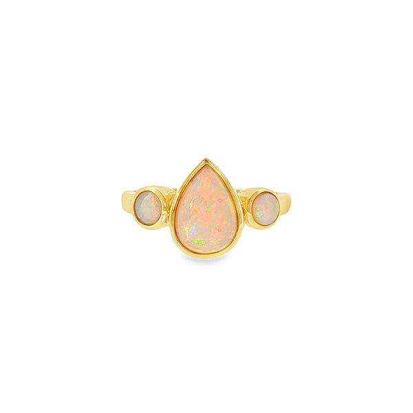 Opal Solid Pear and Round Three Stone, 9ct Yellow Gold Ring