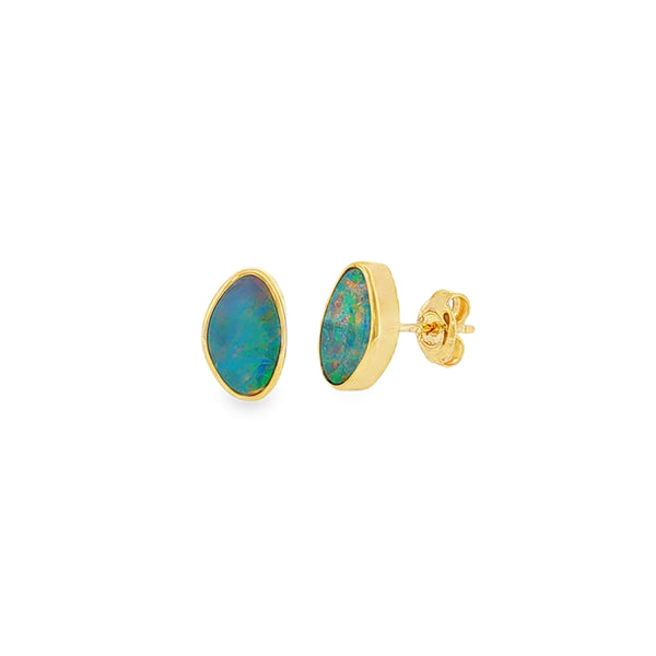 Opal Freeform Doublet, 9ct Yellow Gold Stud Earrings